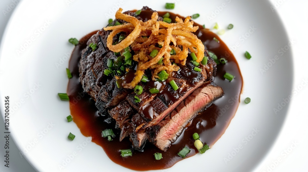 Top Down View of Plated Steak with Fried Onions and Brown Sauce on a White Plate