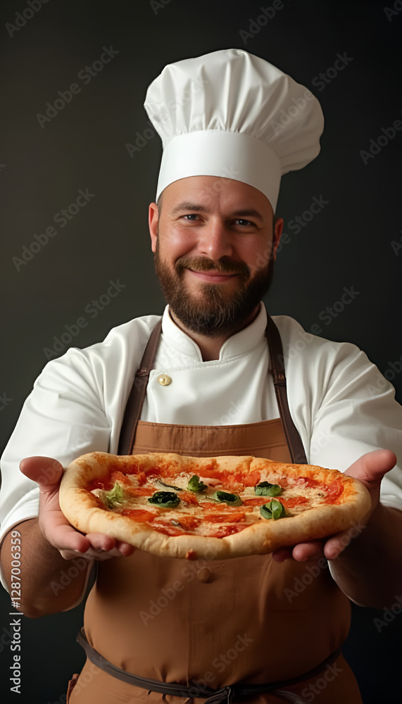 Smiling male chef presenting delicious homemade pizza in professional kitchen setting Smiling male chef presenting delicious homemade pizza in professional kitchen setting