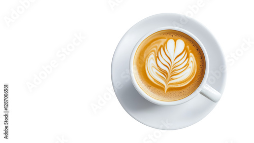 Coffee latte, latte art, Winged Tulip,  white coffee cup top view on transparent background PNG format. Copy space for text.