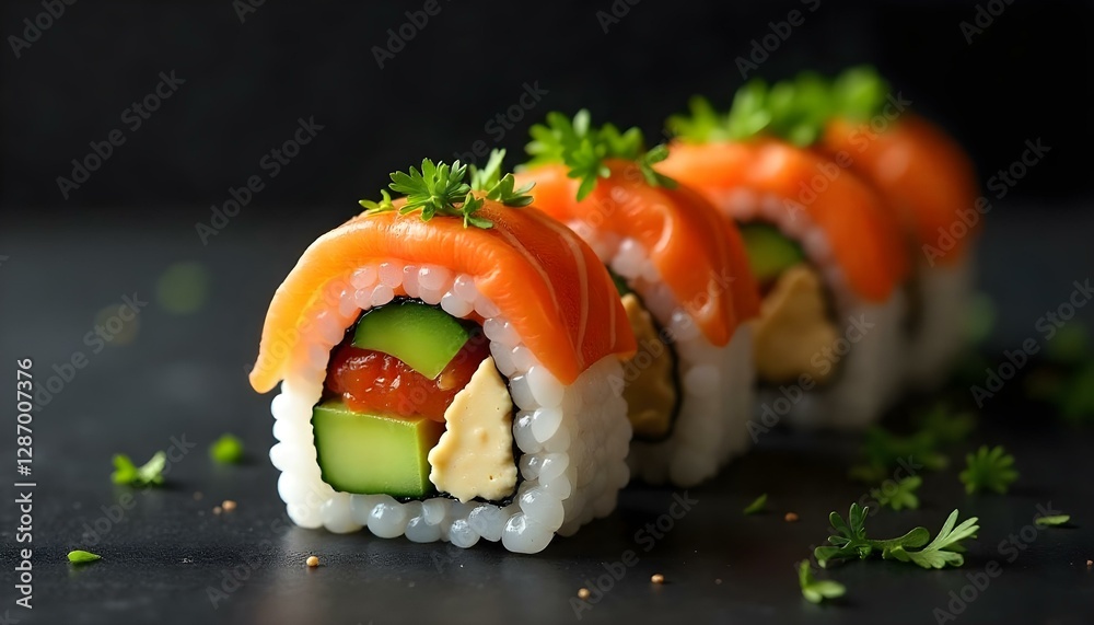 Un rollo de sushi con arroz, algas, salmón, queso y verduras, cubierto con hierbas verdes sobre un fondo oscuro Un rollo de sushi con arroz, algas, salmón, queso y verduras, cubierto con hierbas verdes sobre un fondo oscuro