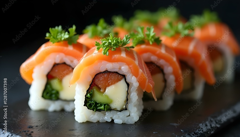 Un rollo de sushi con arroz, algas, salmón, queso y verduras, cubierto con hierbas verdes sobre un fondo oscuro Un rollo de sushi con arroz, algas, salmón, queso y verduras, cubierto con hierbas verdes sobre un fondo oscuro