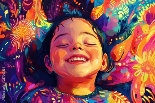 Vibrant Digital Illustration of a Smiling Child with Down Syndrome Surrounded by a Colorful, Uplifting Background
