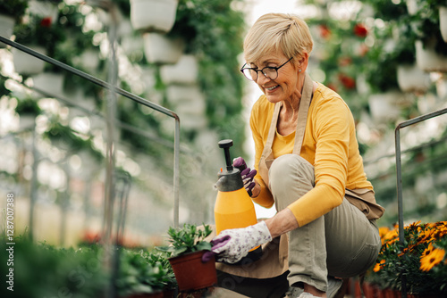 Obraz na plátně Smiling old florist spraying flower sapling with fertilizer at hothouse