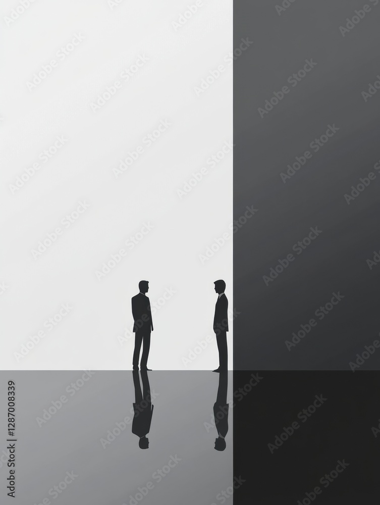 Two silhouettes engage in a conversation within a minimalistic contrasting environment at dusk. Generative AI Two silhouettes engage in a conversation within a minimalistic contrasting environment at dusk. Generative AI