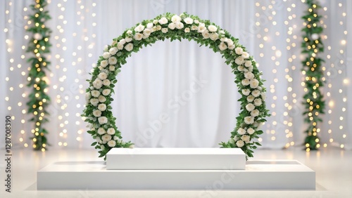 a wedding stage decorated with a floral arch and backdrop. It is illuminated with fairy lights, creating a romantic ambiance