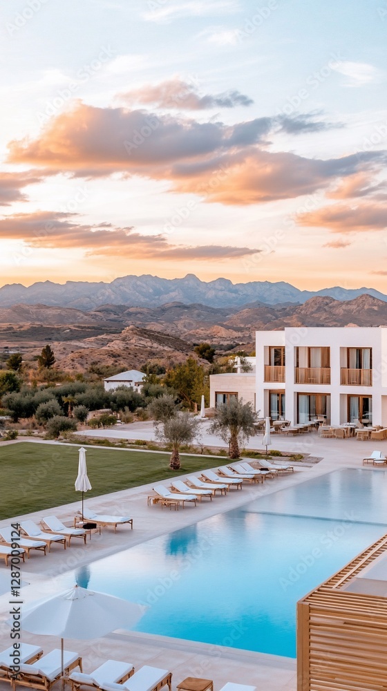 Fototapeta premium Sunset view of resort pool, mountains