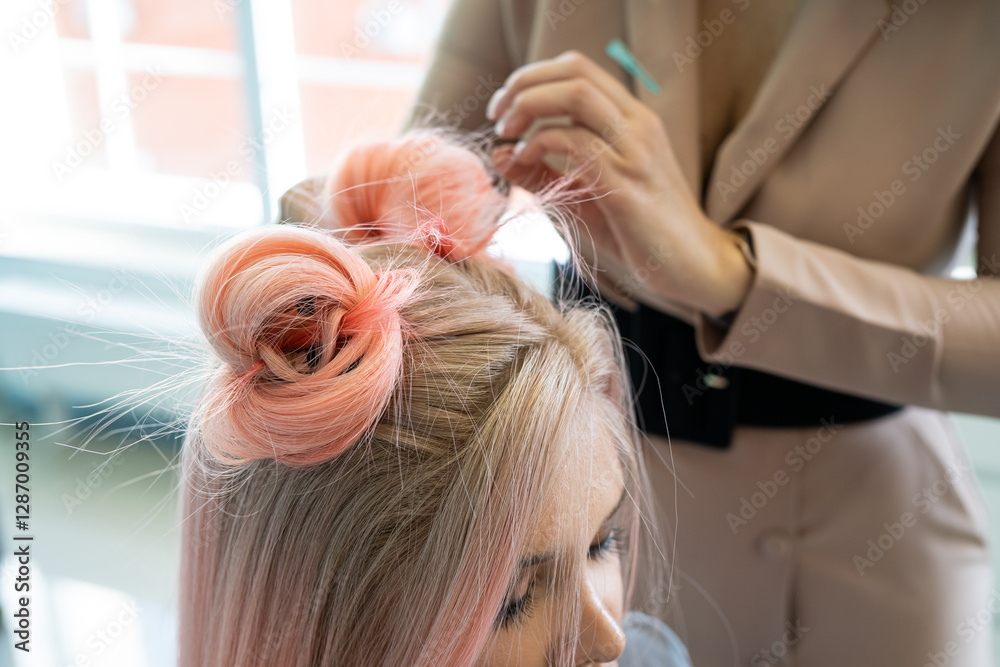 Fototapeta premium Close-Up of Needlework in Handcrafted Wig Production