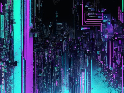 Abstract glitch texture with chaotic digital noise, torn pixels, bright neon colors 