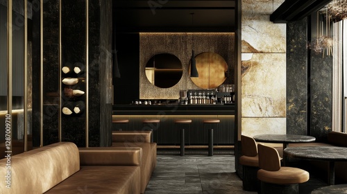 Elegant moodboard interior design showcasing luxurious textures, modern furnishings, and sophisticated color palette in a stylish bar setting, contemporary aesthetic concept