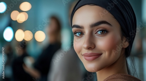 Wallpaper Mural Smiling Woman Portrait, Indoor Setting, Modern Elegance Torontodigital.ca