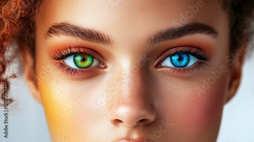 Close-up of Face with Heterochromia: Heterochromatic woman, Colorful Eyes, and a unique beauty photo