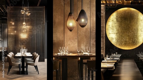 Elegant moodboard showcasing modern interior design elements, featuring stylish lighting, luxurious textures, and inviting dining spaces, perfect for contemporary aesthetics concept