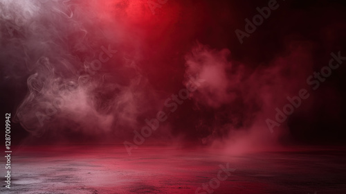 Contemporary Studio with a Textured Concrete Floor and Dark Burgundy Backdrop, Complemented by Wisps of Smoke, Creating an Elegant and Mysterious Setting for Showcasing Premium Products in Stock Image