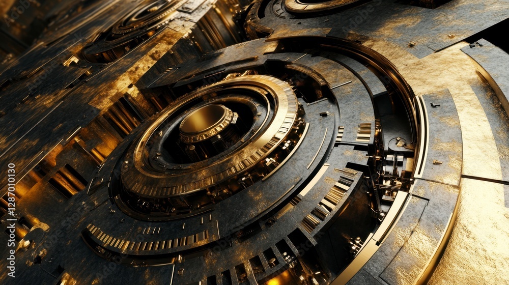 Obraz premium Abstract Metallic Golden Circles - Intricate Tech Design