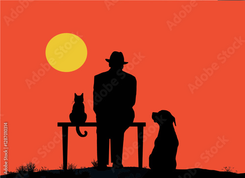 An old man sits on a bench with his dog and cat at sunset.