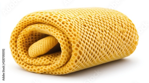 Rolled Up Yellow Net Fabric on White Background Product Photography
