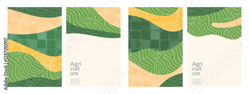 Agriculture, organic farms, rural landscapes green background. Spring and summer environmentally nature template. Eco-friendly brochure, poster, Japanese illustration with abstract vector design