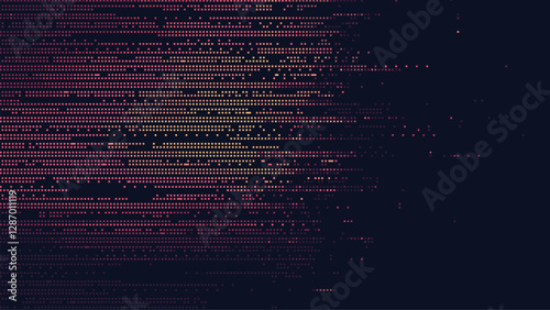 Digital data stream of random pixel dots on a dark background. small pixelated dots. computer code. tech inspired designs. vector graphics.