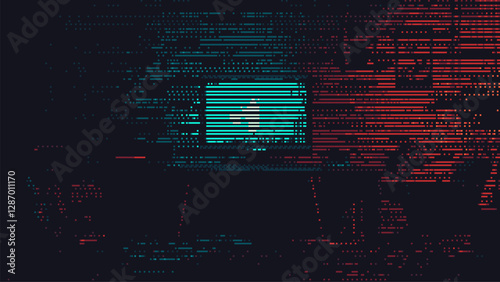 glitch effect on a computer screen. 8-bit pixel art. glitchy lines on screen. dark room. minimalist design. Digital identity concept. security systems. vector illustration.