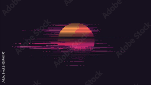Minimalist vector graphic of a sunset with glitch effect. dark background. cyberpunk aesthetic. pixel art style. minimalistic design. retrofuturistic simple lines.