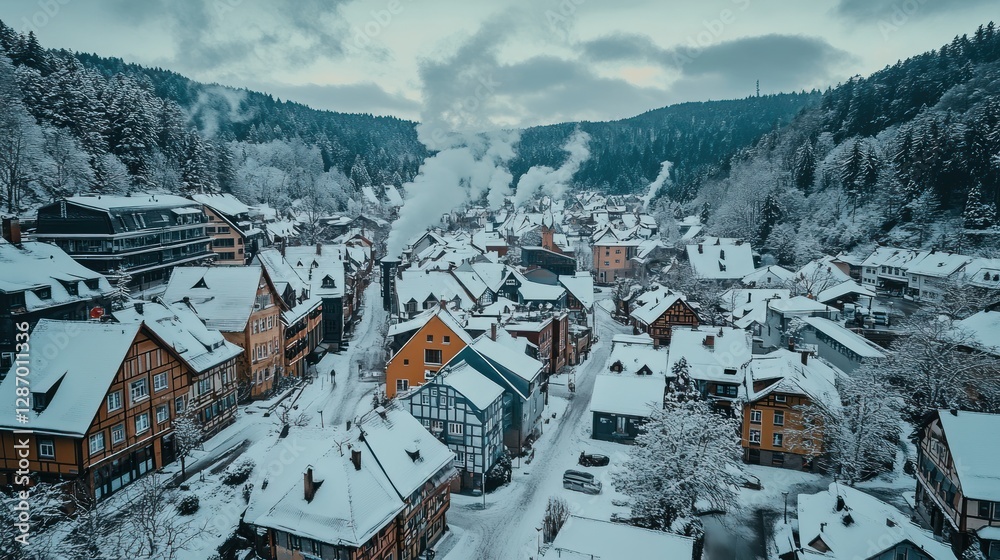 Fototapeta premium Aerial View of Charming Winter Village Covered in Snow with Forest