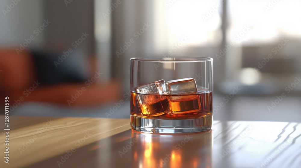 A Corner Shot of a Glass of Bourbon with Ice Cubes, Placed on a Polished Wood Table, Offering Plenty of Open Space for Design Elements, copy space A Corner Shot of a Glass of Bourbon with Ice Cubes, Placed on a Polished Wood Table, Offering Plenty of Open Space for Design Elements, copy space