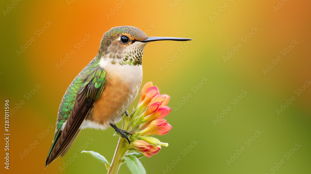 Obraz premium A beautiful hummingbird perched on a flower, with soft orange-green bokeh background, symbolizing elegance and nature’s harmony