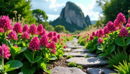A cluster of red clover flowers blooming on a stone path leading to a natural rock formation, nature's splendor, earthy tone, botanical interest