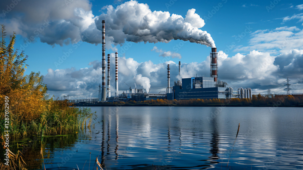 A Gray Hydrogen refinery with towering smokestacks emitting CO2 into the atmosphere, representing industrial hydrogen production. 