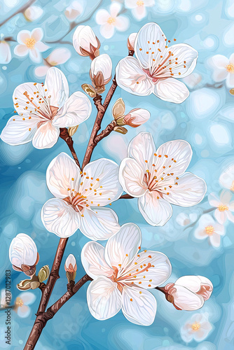 Delicate white cherry blossoms bloom, demonstrating beauty of nature and tranquility. Spring concept
