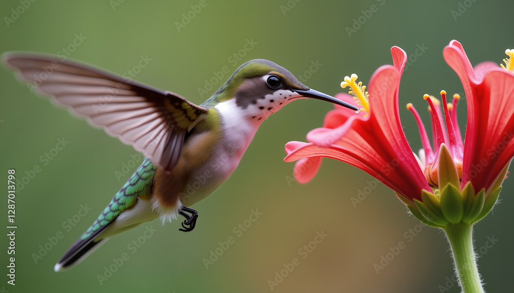 Fototapeta premium Hummingbird feeding on a trumpet-shaped red flower, wings in rapid motion, against a soft green background, symbolizing precision and agility