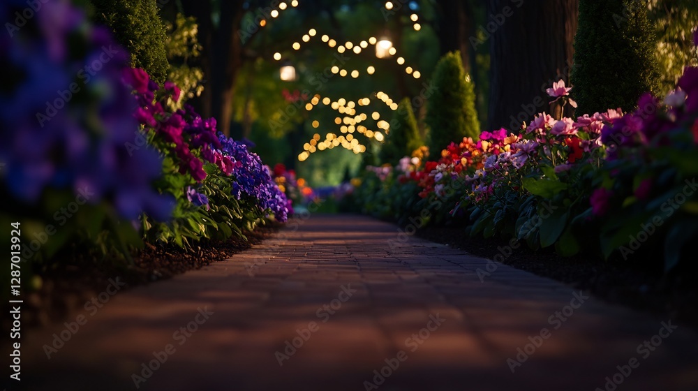 Obraz premium Vibrant Garden Path Lined With Colorful Flowers Under Twinkling String Lights