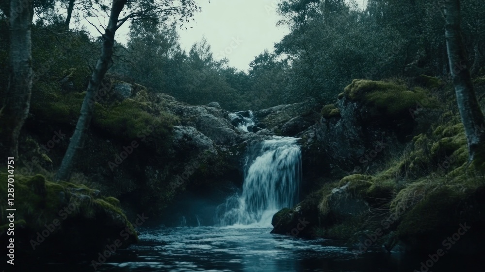 Fototapeta premium Waterfall Cascading Through Mossy Rocks in a Dark, Moody Forest Scene