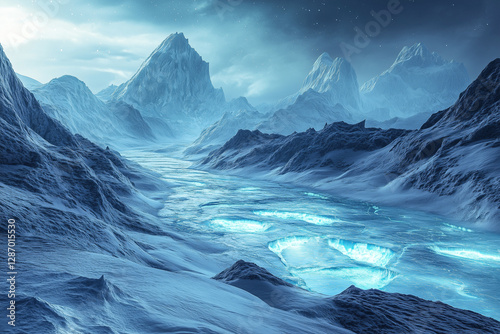 frozen alien world with sharp ice mountains, glowing cracks, a frozen ocean and a giant distant planet reflecting soft light, concept of sci fi, space exploration, fantasy