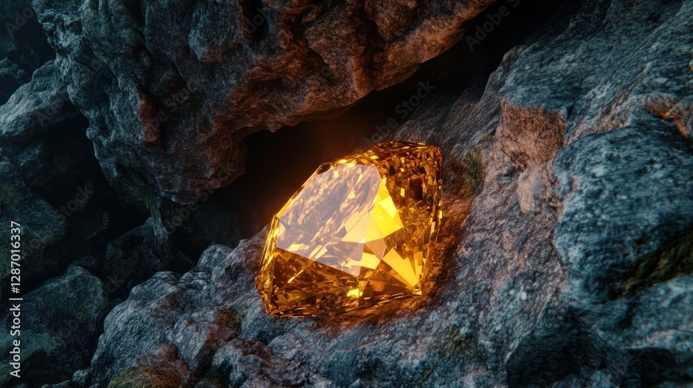 Sparkling Golden Diamond Resting on Rock Formation Inside a Dark Cave Sparkling Golden Diamond Resting on Rock Formation Inside a Dark Cave