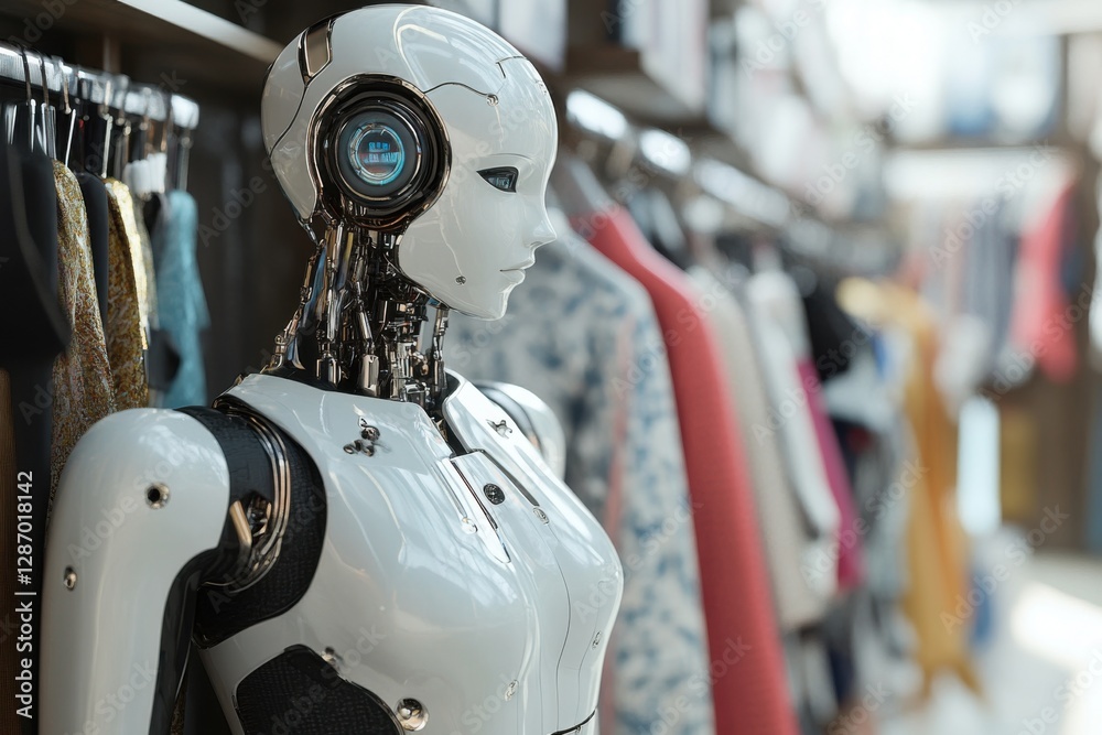 Futuristic robot mannequin displaying stylish clothing in a modern retail store setting Futuristic robot mannequin displaying stylish clothing in a modern retail store setting