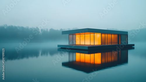 A minimalist home floating on a mirror-like lake with walls made of glowing translucent material.