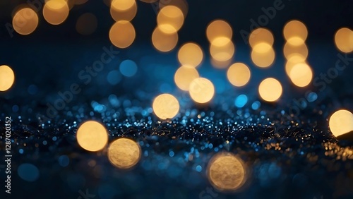 blurred golden lights on a dark blue night background, wallpaper