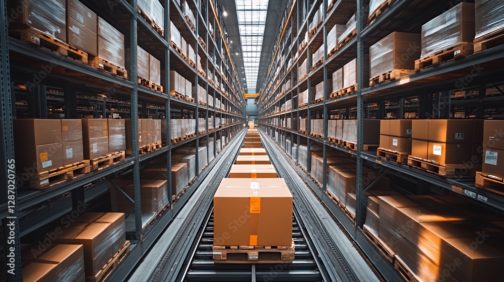 Fototapeta premium Efficient Warehouse Logistics With Rows of Stacked Boxes and Pallets in a Spacious Storage Facility During Daylight