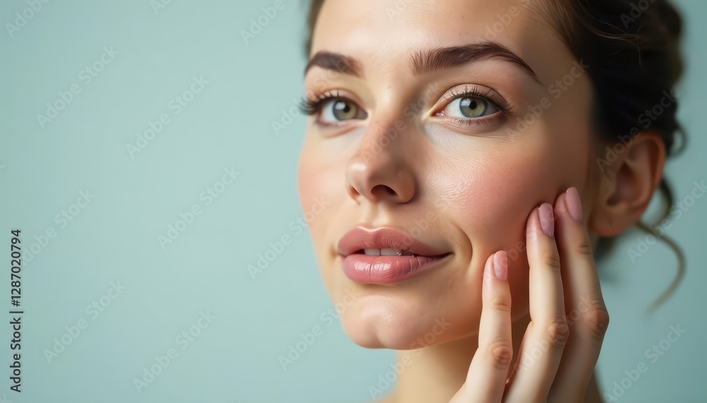 Young woman with smooth skin after hyaluronic acid injection, facial rejuvenation, dermal fillers, youthful glow Young woman with smooth skin after hyaluronic acid injection, facial rejuvenation, dermal fillers, youthful glow