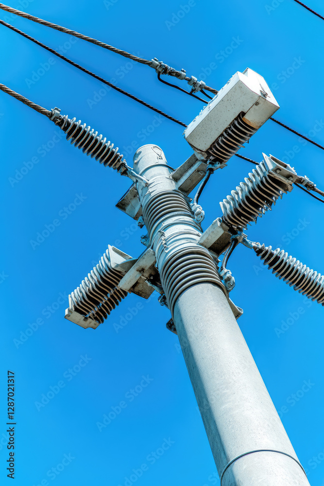 Electrical transformer on utility pole with insulators and cables. Outdoor structure of the public power supply. Electrical transformer on utility pole with insulators and cables. Outdoor structure of the public power supply.