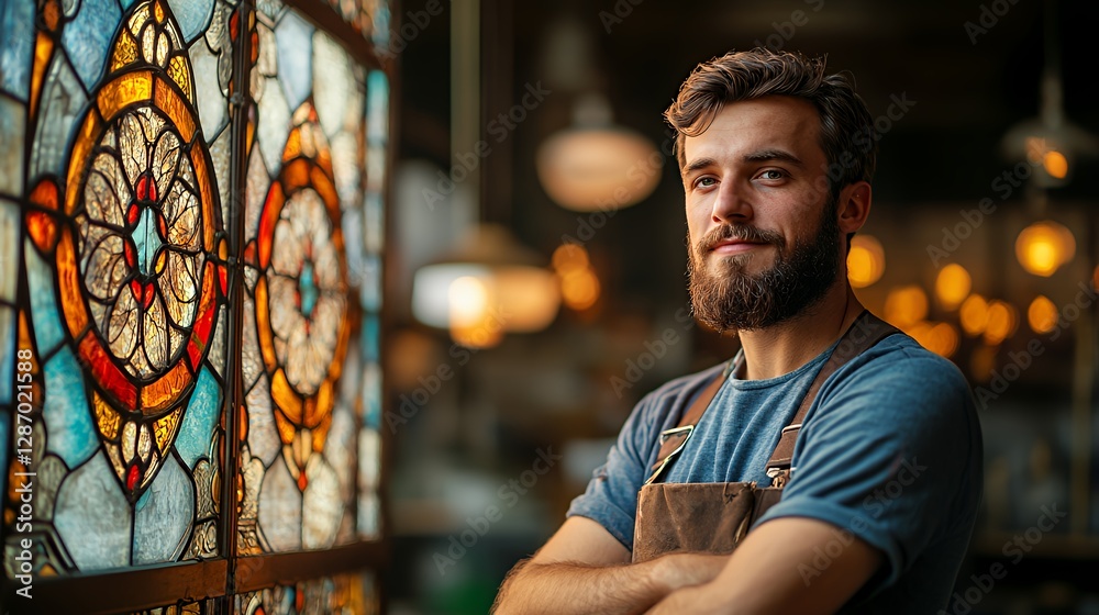 Fototapeta premium Young Man Stands Confidently by a Stained Glass Window in a Warm, Inviting Cafe Atmosphere During the Late Afternoon