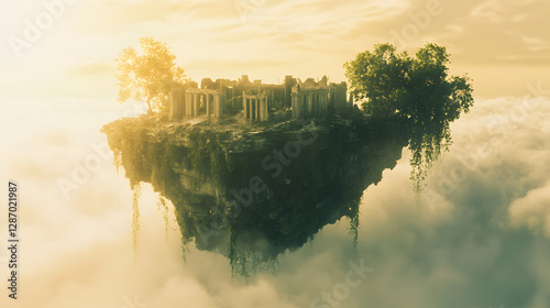 A mystical floating island with ancient ruins and vines hanging over the edges drifting high above the clouds.