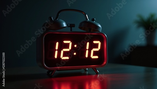 Digital alarm clock in dim lighting