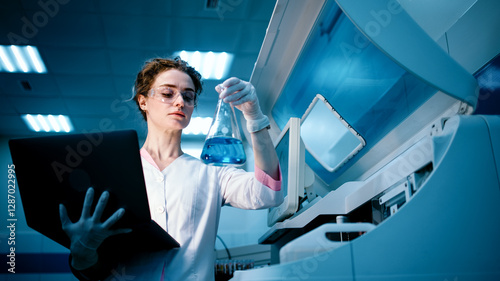 Fotografie A scientist analyzes a blue liquid in a modern laboratory, close-up in a flask, examining it