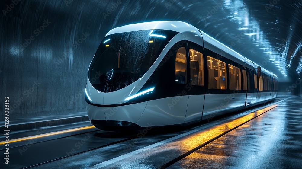 Fototapeta premium Modern Train Gliding Through a Dimly Lit Tunnel on a Rainy Night in a Bustling City, Showcasing Sleek Design and Advanced Technology