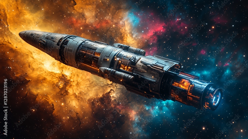 Obraz premium Spaceship Travels Through a Vibrant Cosmic Nebula Filled With Colors and Stellar Formations Amidst the Vastness of Space