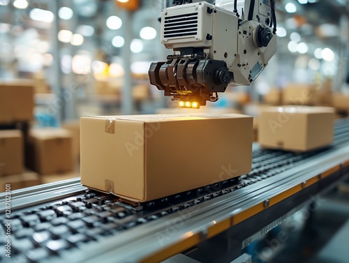 Advanced Robotic Arm Handling Parcels on a Conveyor Belt in a Busy Warehouse During Daytime Operations
