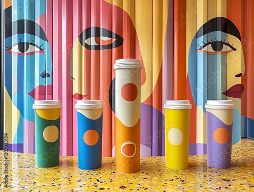 Colorful Coffee Cups Arranged in Front of Vibrant Mural Featuring Stylized Faces in a Trendy Cafe Setting