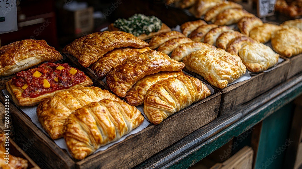 Freshly Baked Pastries Displayed at a Local Market in the Afternoon Sun Highlighting Their Golden Crusts and Tempting Fillings Freshly Baked Pastries Displayed at a Local Market in the Afternoon Sun Highlighting Their Golden Crusts and Tempting Fillings